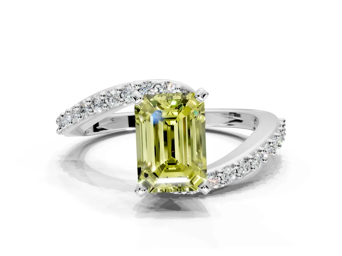 Solitaire Engagement Ring Setting for Fancy Yellow Emerald Cut Center with Pave Bypass Swirl Band and Prong Head in Platinum