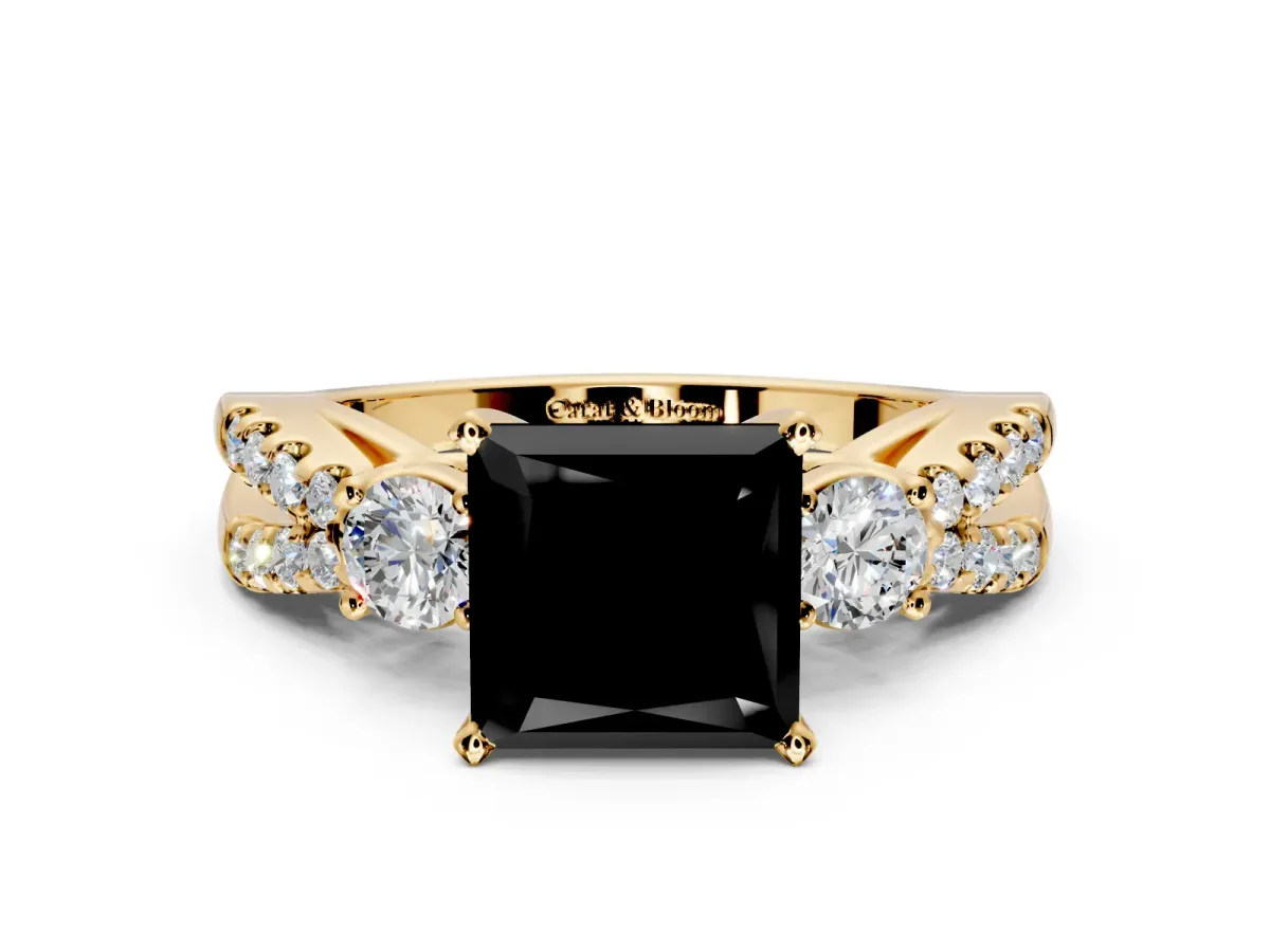 3 Stone Engagement Ring Setting for Fancy Black Princess Cut Center with Pave Split Shank and Prong Head in Yellow Gold