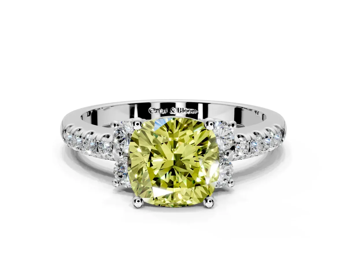 Paired Accent Engagement Ring Setting for Fancy Yellow Cushion Cut Center with Pave Band and Prong Head in Sterling Silver
