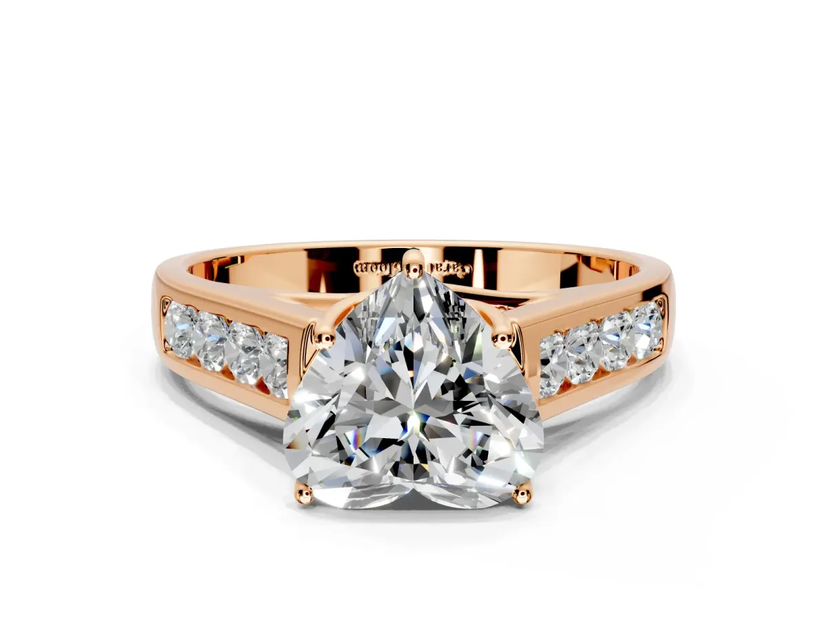 Solitaire Engagement Ring Setting for Heart-Shaped Center with Cathedral Channel Band and Prong Head in Rose Gold