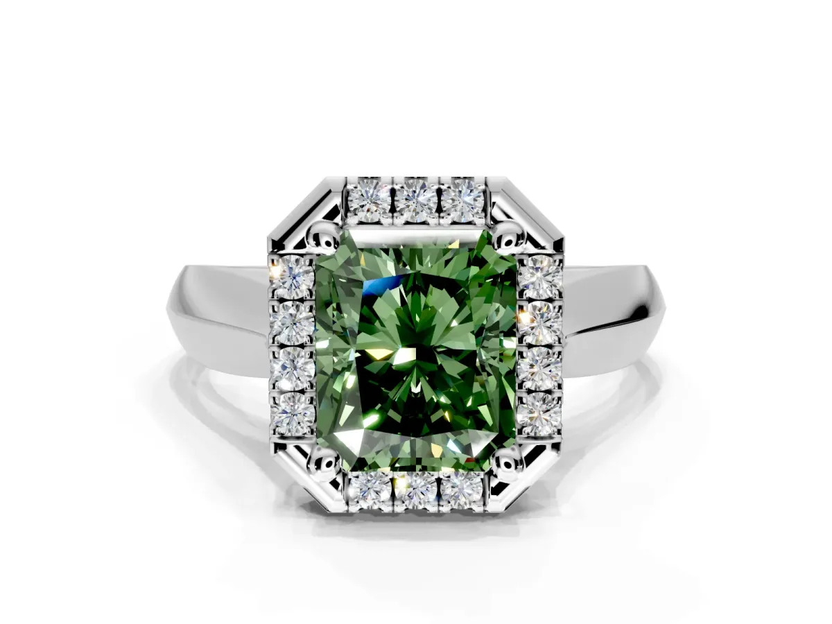 Halo Engagement Ring Setting for Fancy Green Radiant Cut Center with Square Band and Prong Head in White Gold