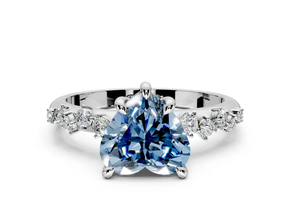 Solitaire Engagement Ring Setting for Fancy Blue Heart-Shaped Center with Trailing Leaf Accent Band and Prong Head in White Gold
