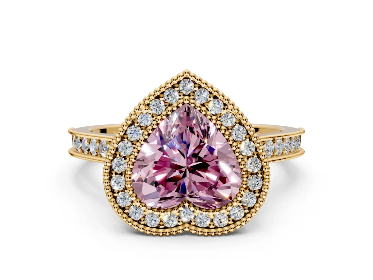 Halo Engagement Ring Setting for Fancy Pink Heart-Shaped Center with Milgrain Pave Band and Bezel Head in Yellow Gold