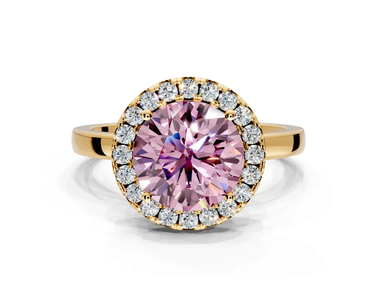 Halo Engagement Ring Setting for Fancy Pink Round Cut Center with Thin Plain Band and Prong Head in Yellow Gold