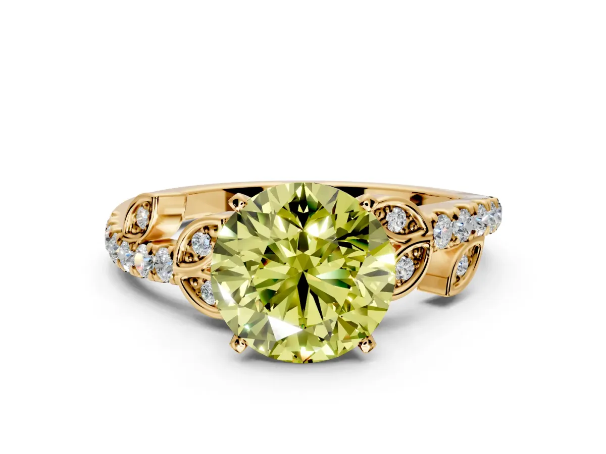 Leaf Motif Engagement Ring Setting for Fancy Yellow Round Cut Center with Pave Band and Prong Head in Yellow Gold