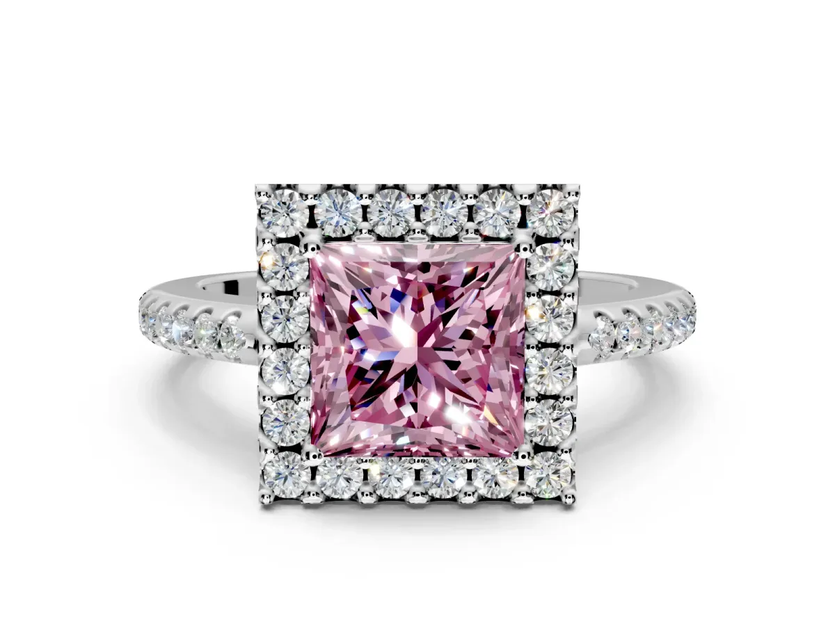 Pave Halo Engagement Ring Setting for Fancy Pink Princess Cut Center with Single Row Pave Band and Prong Head in Sterling Silver