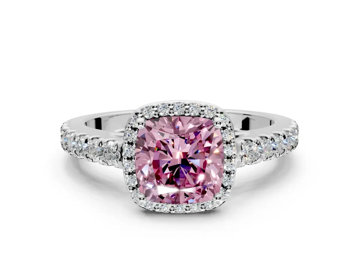 Halo Engagement Ring Setting for Fancy Pink Cushion Cut Center with Full Pave Band and Prong Head in Platinum