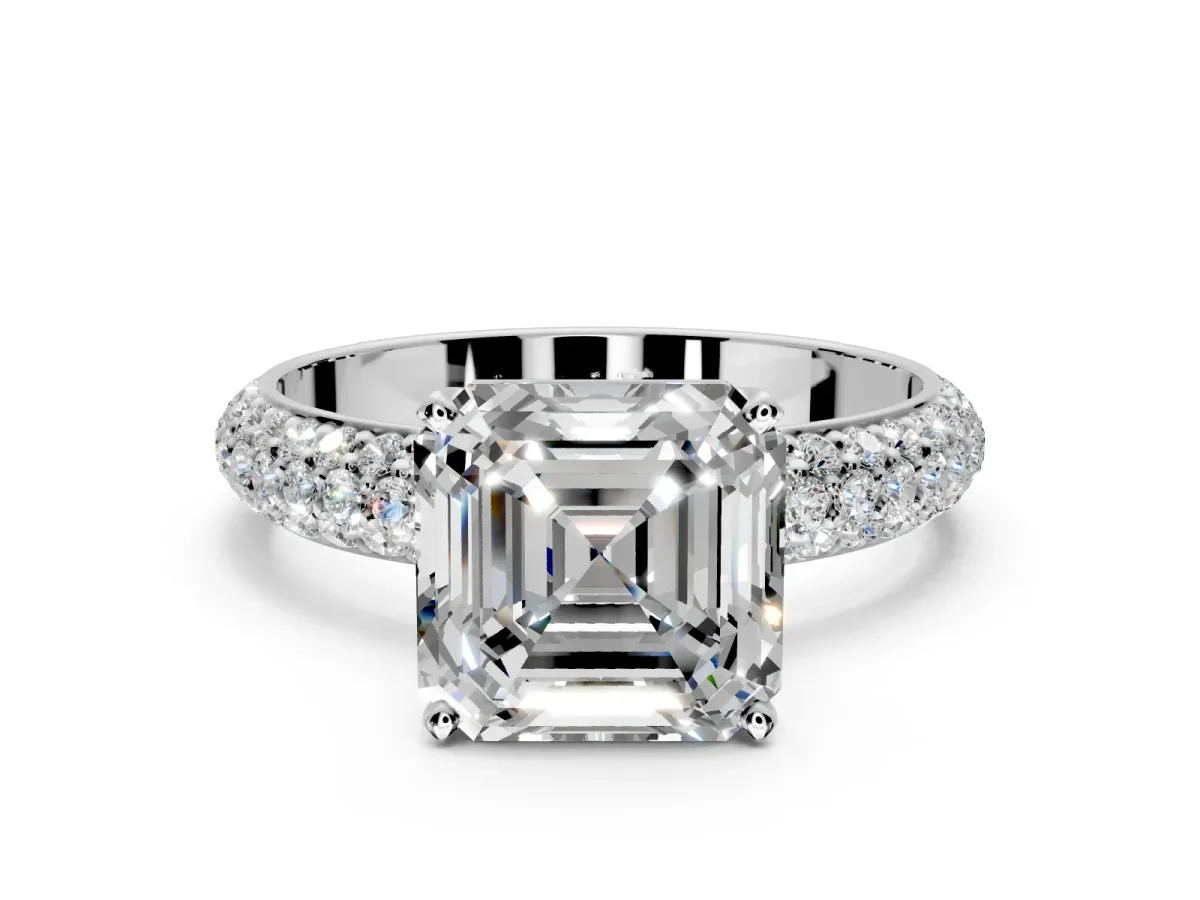 Solitaire Engagement Ring Setting for Asscher Cut Center with Domed Multi-Row Pave Band and Prong Head in Platinum