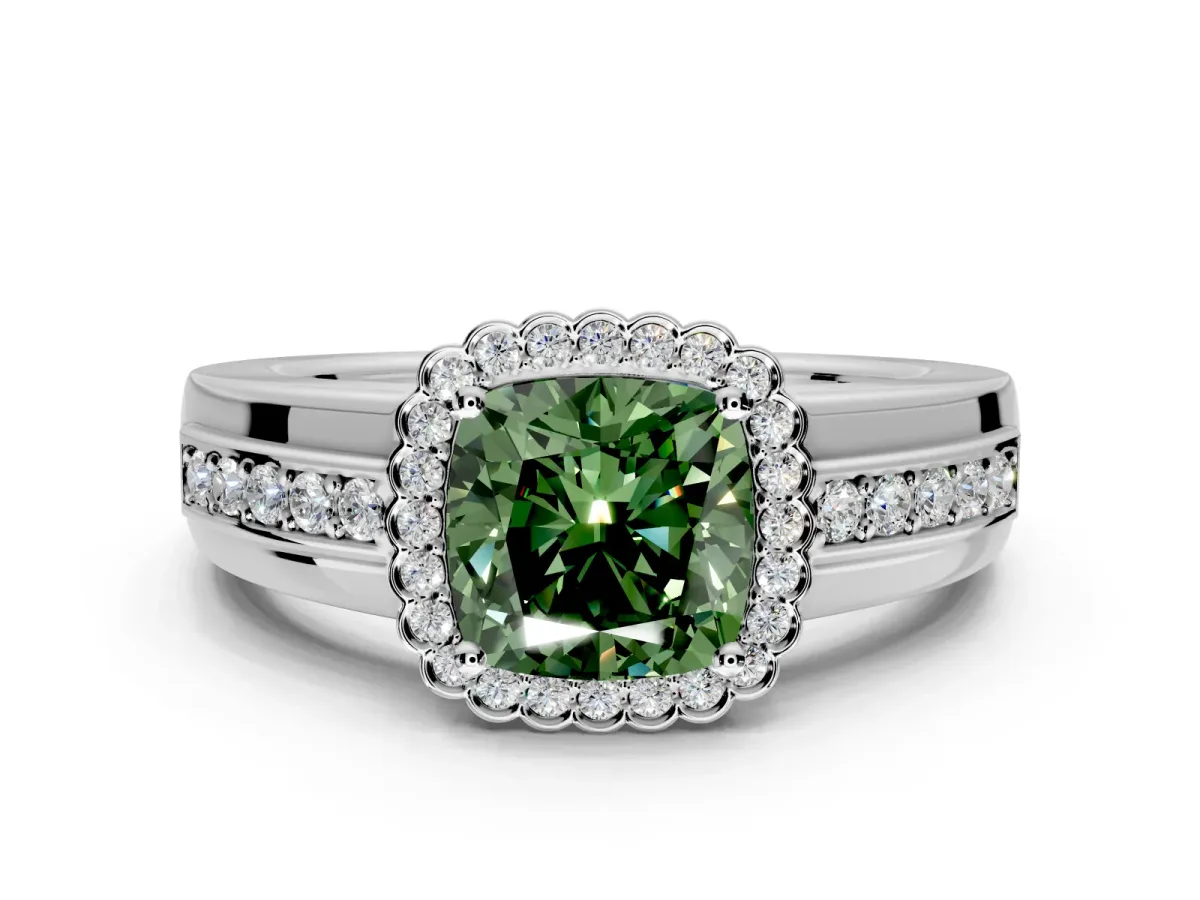 Halo Engagement Ring Setting for Fancy Green Cushion Cut Center with Wide Band, Inlaid Accent Row and Prong Head in Sterling Silver