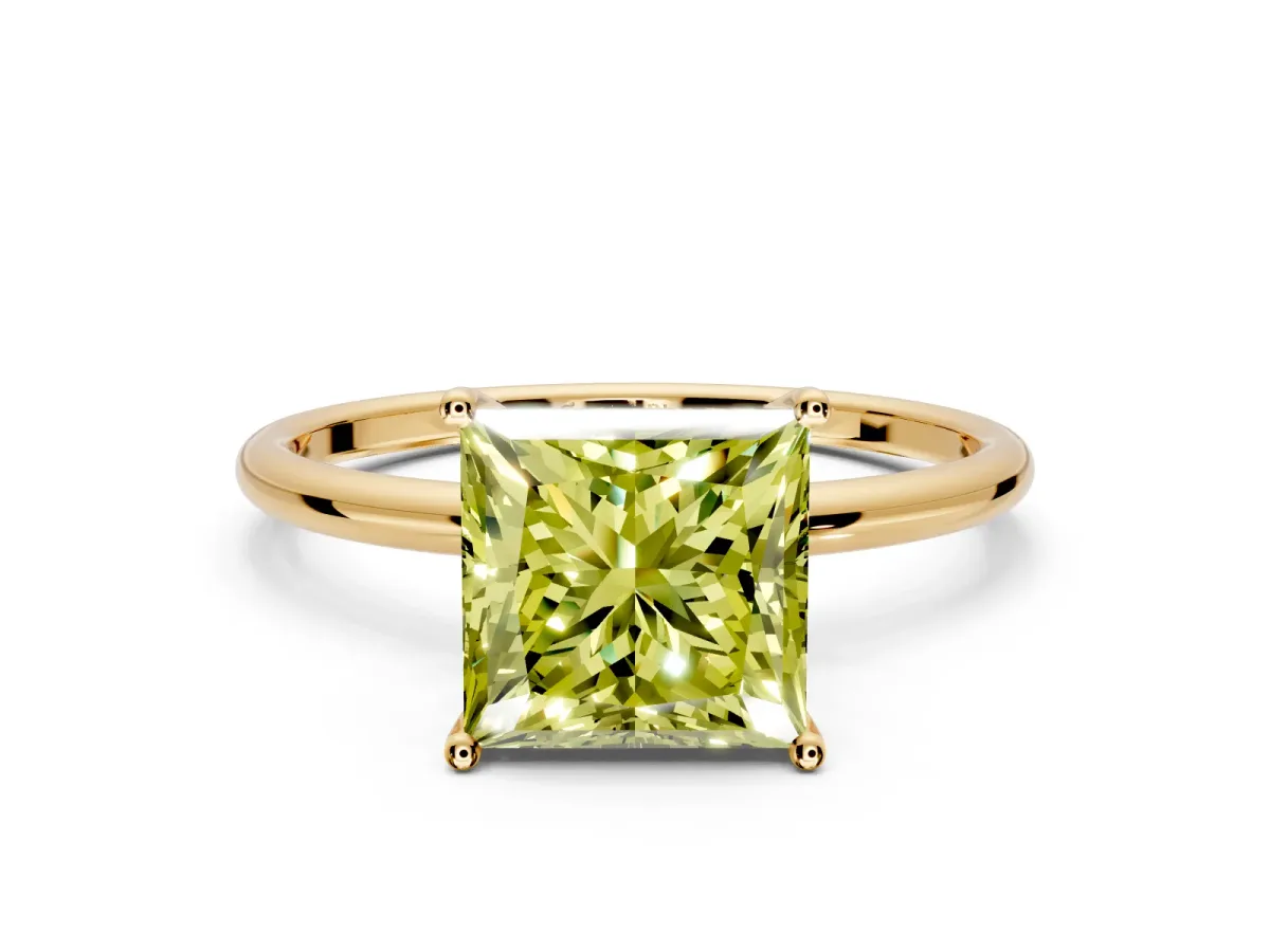 Solitaire Engagement Ring Setting for Fancy Yellow Princess Cut Center with Straight Thin Band and Prong Head in Yellow Gold