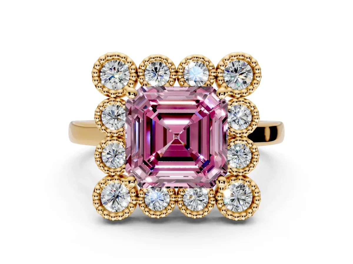 Cluster Halo Engagement Ring Setting for Fancy Pink Asscher Cut Center with Milgrain Bezel Accents and Prong Head in Yellow Gold