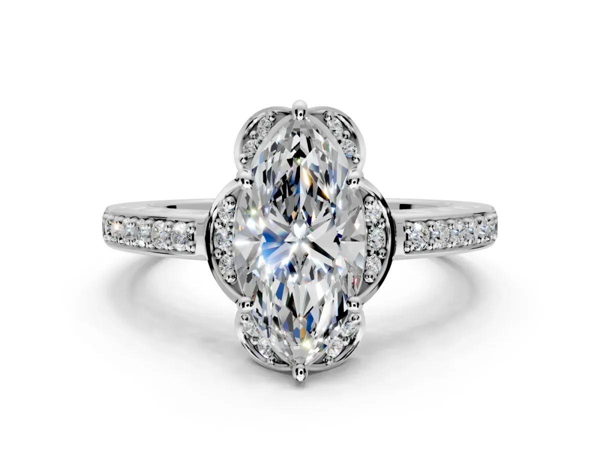Floral Engagement Ring Setting for Marquise Center with Four Accent Clusters and Prong Head in Platinum