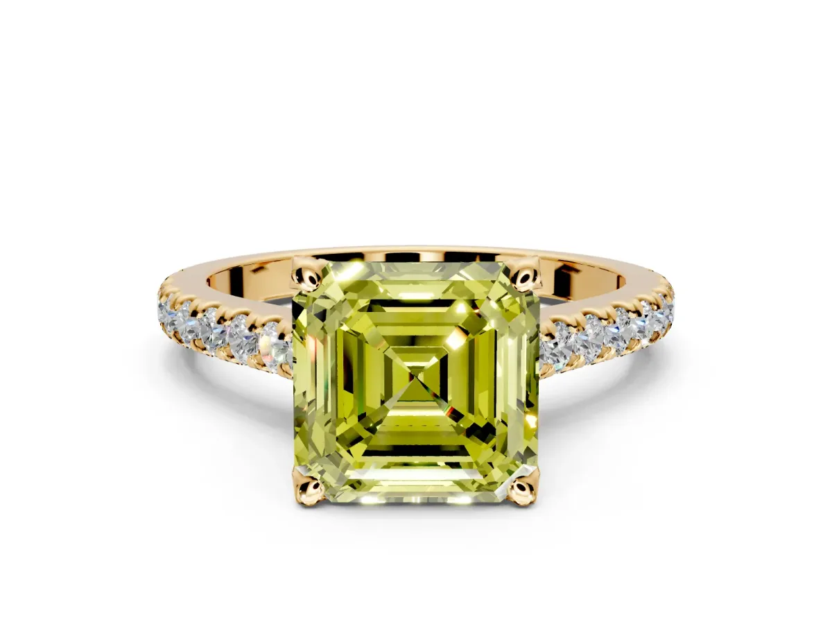 Solitaire Engagement Ring Setting for Fancy Yellow Asscher Cut Center with Widening Pave Band and Claw Prong Head in Yellow Gold
