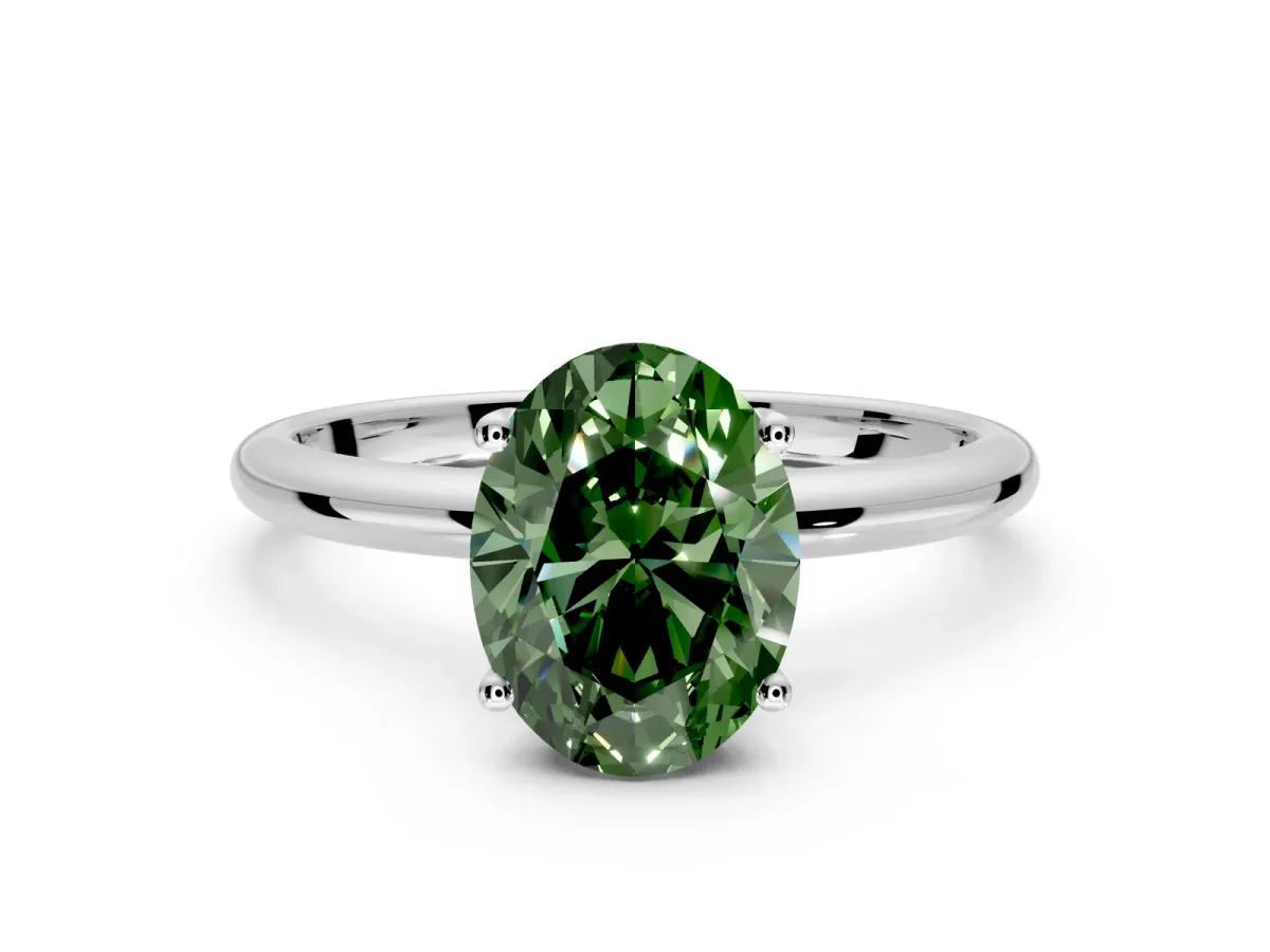 Hidden Halo Engagement Ring Setting for Fancy Green Oval Center with Thin Round-Wire Band and Prong Head in Sterling Silver