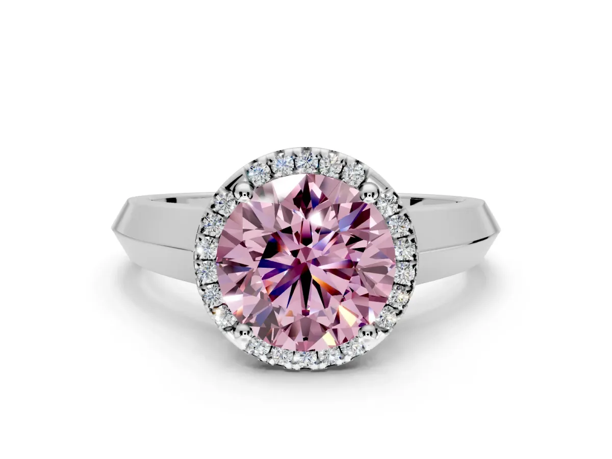 Halo Engagement Ring Setting for Fancy Pink Round Cut Center with Knife Ridge Cathedral Band and Prong Head in White Gold
