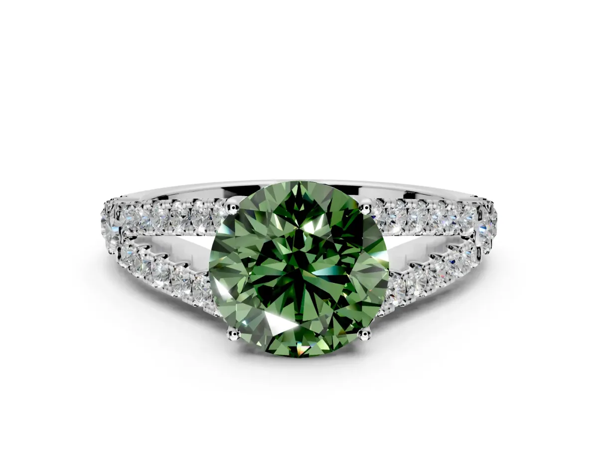 Solitaire Engagement Ring Setting for Fancy Green Round Cut Center with Pave Split Shank and Prong Head in Platinum