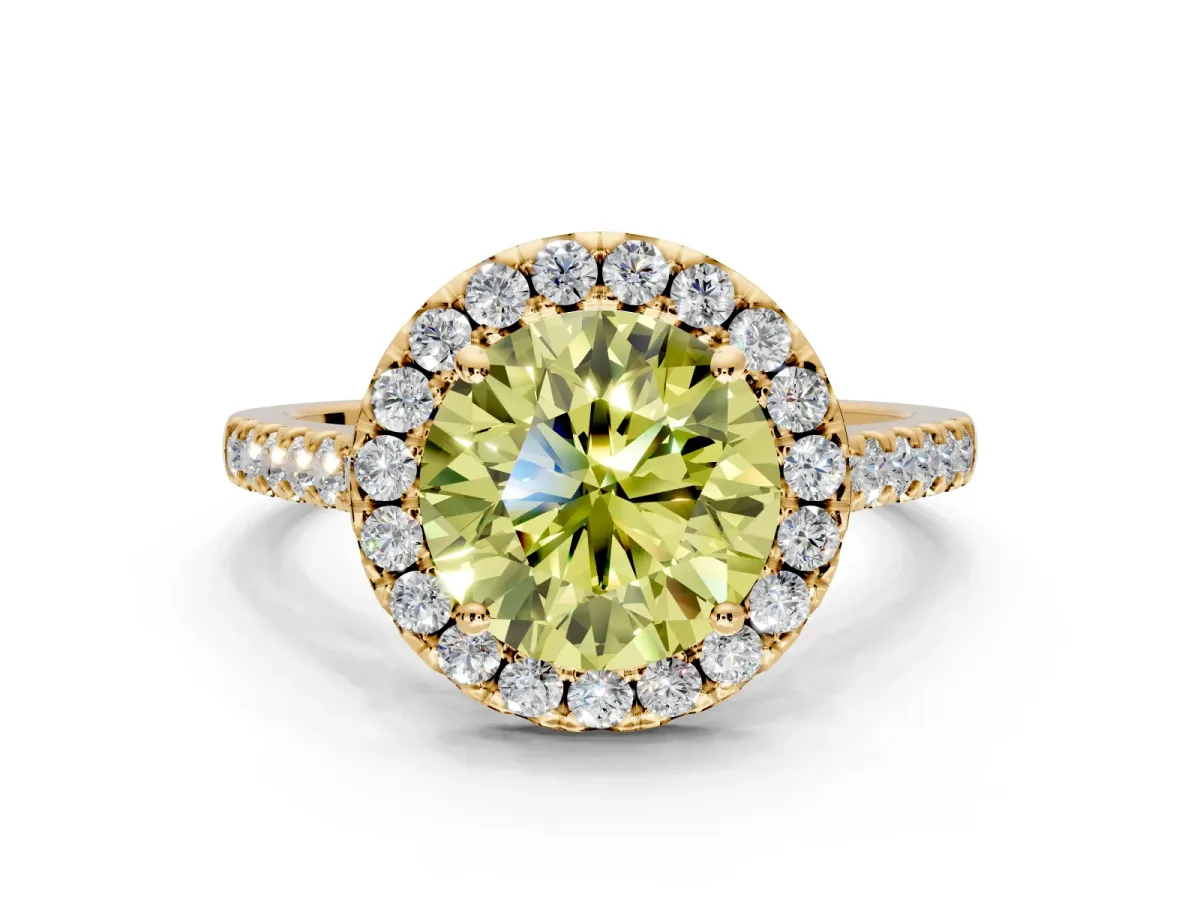 Halo Engagement Ring Setting for Fancy Yellow Round Cut Center with Narrowing Pave Band and Prong Head in Yellow Gold