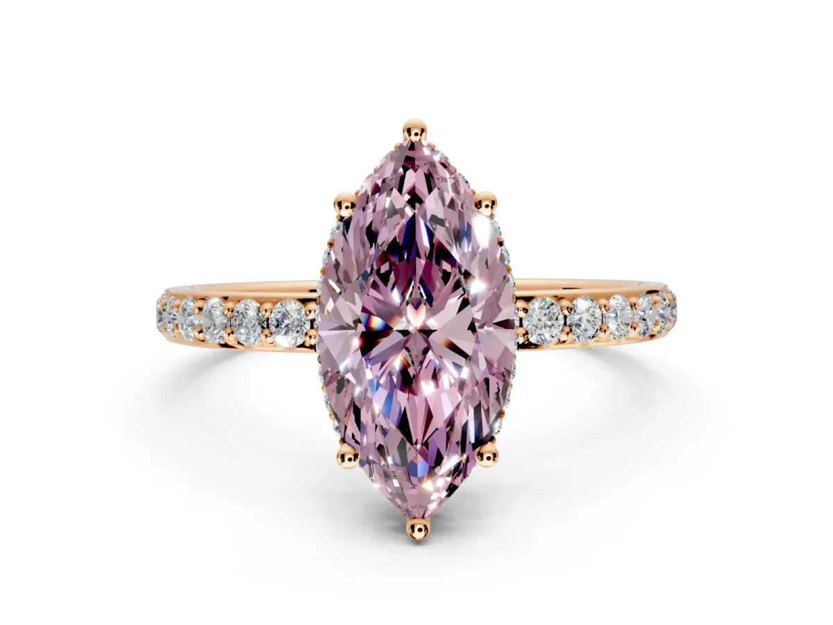 Hidden Halo Engagement Ring Setting for Fancy Pink Marquise Center with Pave Band and Prong Head in Rose Gold