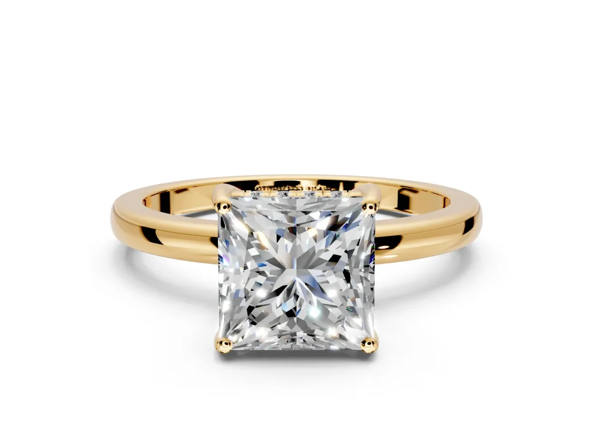 Solitaire Engagement Ring Setting for Princess Cut Center with Fine Wire Band and Prong Head in Yellow Gold