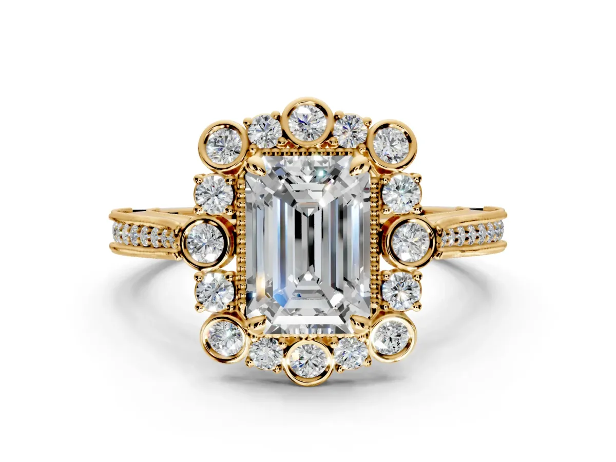 Milgrain Halo Engagement Ring Setting for Emerald Cut Center with Bezel Point Accents and Prong Head in Yellow Gold