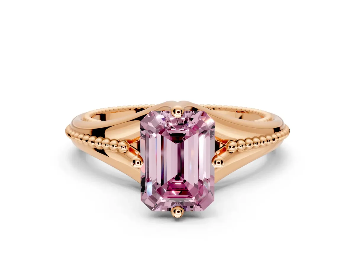 Solitaire Engagement Ring Setting for Fancy Pink Emerald Cut Center with Milgrain Cathedral Band and Prong Head in Rose Gold