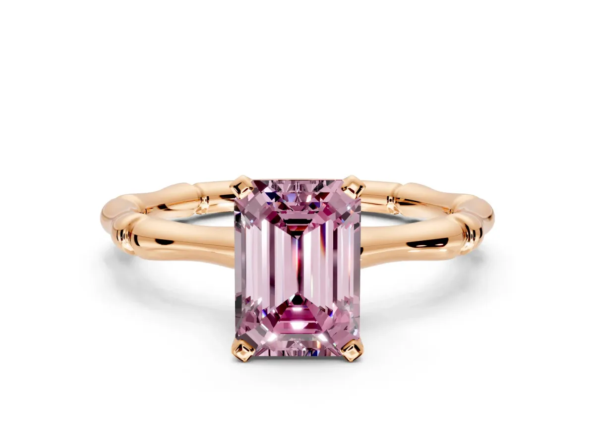 Solitaire Engagement Ring Setting for Fancy Pink Emerald Cut Center with Bamboo Band and Prong Head in Rose Gold