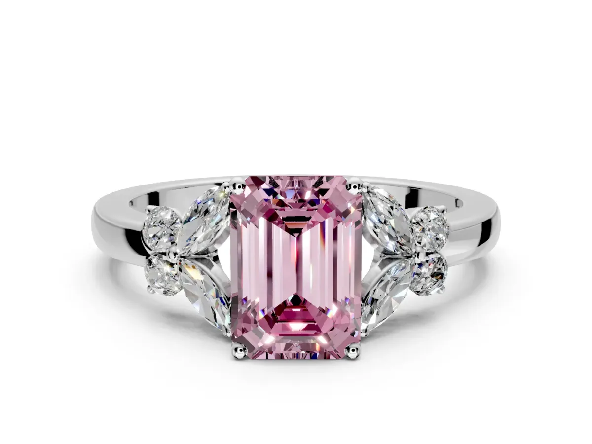 Solitaire Engagement Ring Setting for Fancy Pink Emerald Cut Center with Marquise Flower Shoulders and Prong Head in Sterling Silver