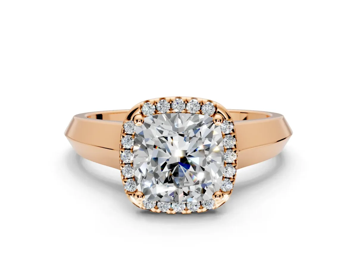 Halo Engagement Ring Setting for Cushion Cut Center with Knife Ridge Cathedral Band and Prong Head in Rose Gold