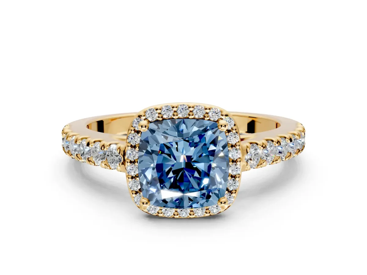 Halo Engagement Ring Setting for Fancy Blue Cushion Cut Center with Full Pave Band and Prong Head in Yellow Gold