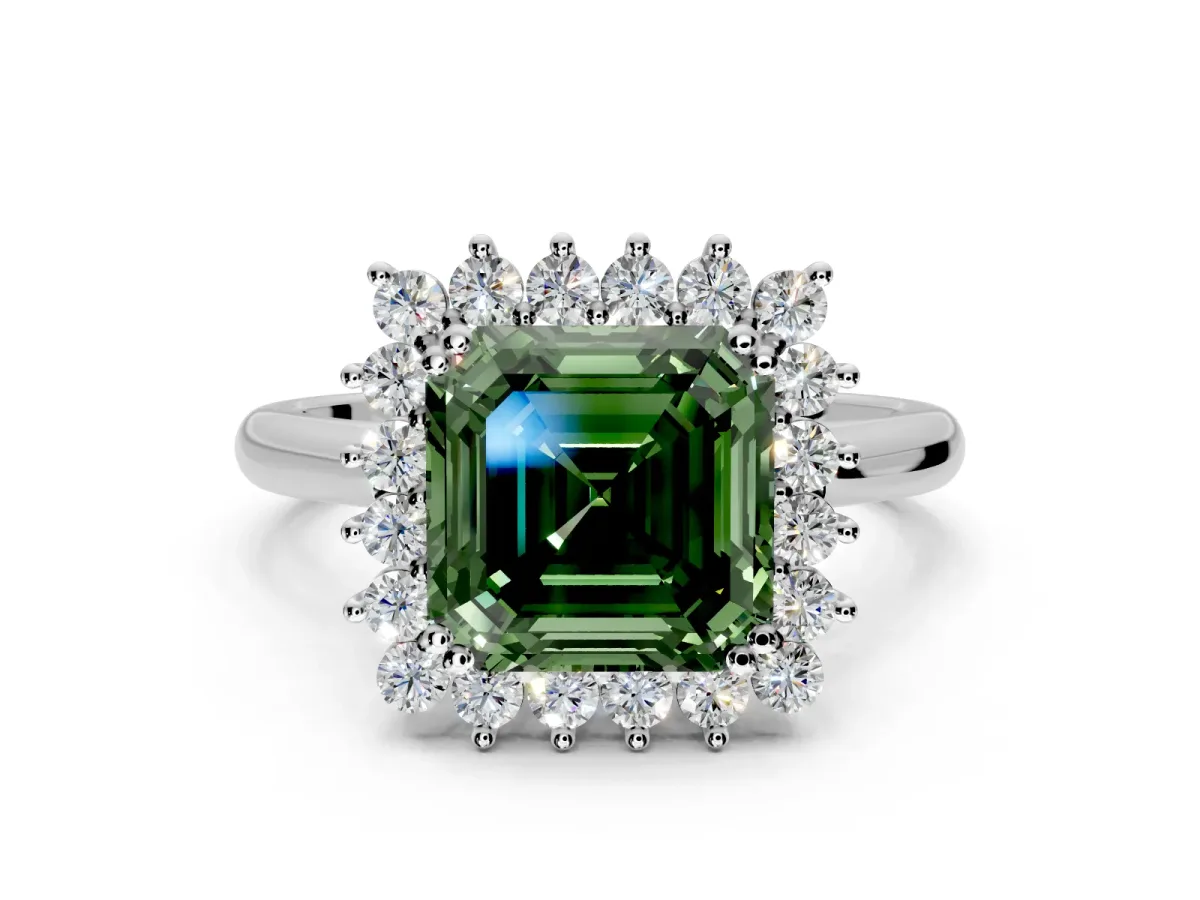 Starburst Halo Engagement Ring Setting for Fancy Green Asscher Cut Center with Thin Round-Wire Band and Prong Head in Platinum