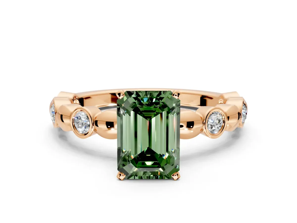 Solitaire Engagement Ring Setting for Fancy Green Emerald Cut Center with Beaded Bezel Station Band and Prong Head in Rose Gold