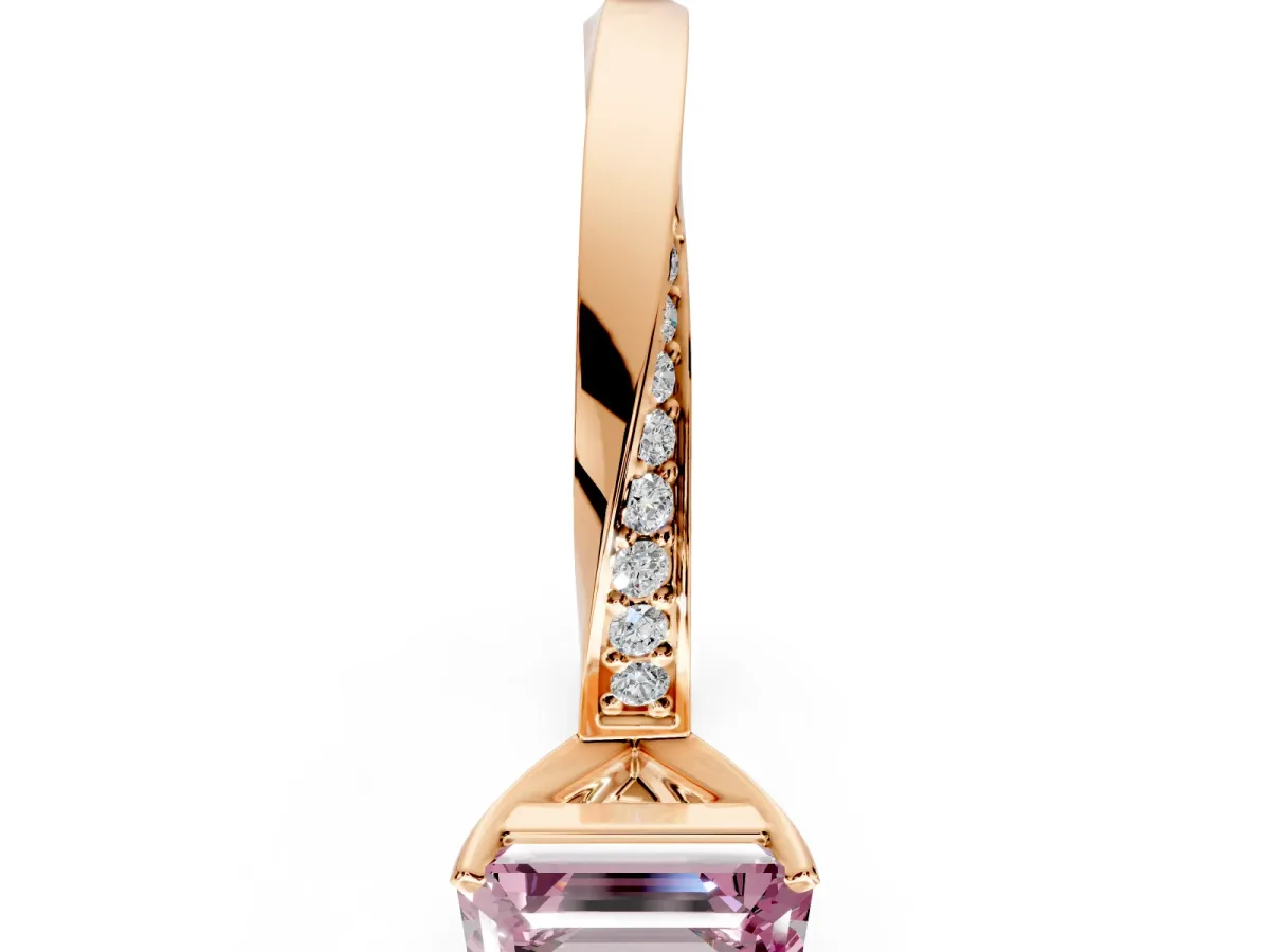 Side Accent Engagement Ring Setting for Fancy Pink Emerald Cut Center with Accent Shoulders and Prong Head in Rose Gold