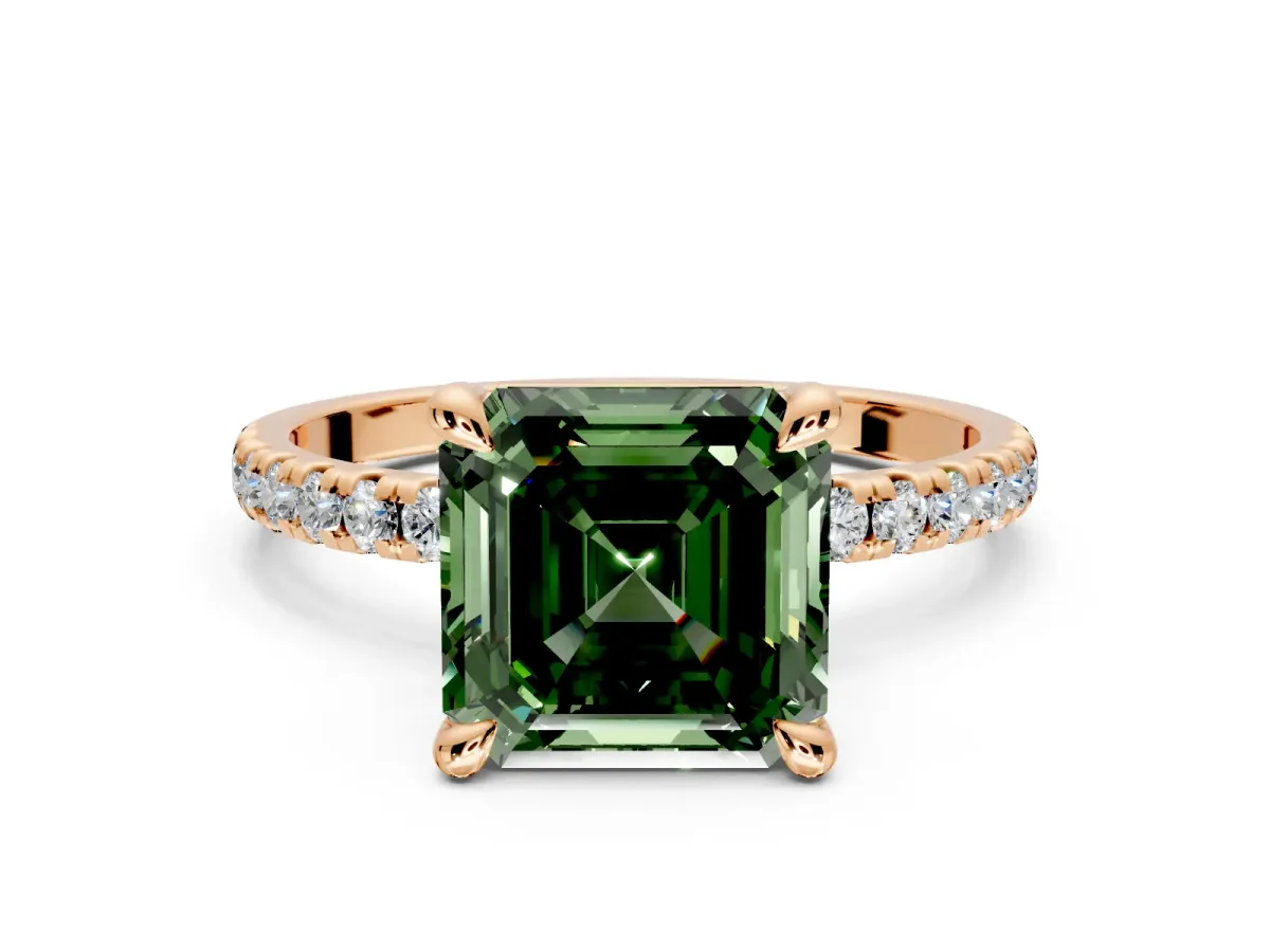Solitaire Engagement Ring Setting for Fancy Green Asscher Cut Center with Fine Pave Narrow Band and Prong Head in Rose Gold
