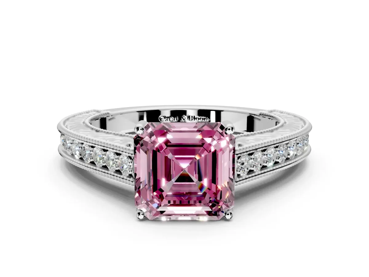 Solitaire Engagement Ring Setting for Fancy Pink Asscher Cut Center with Engraved Pave Band and Prong Head in Sterling Silver