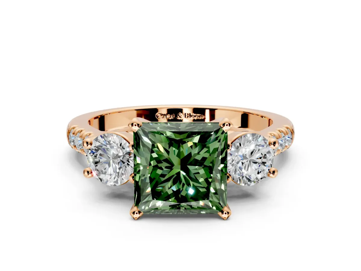 3 Stone Engagement Ring Setting for Fancy Green Princess Cut Center with Crossover Basket, Pave Band and Prong Head in Rose Gold
