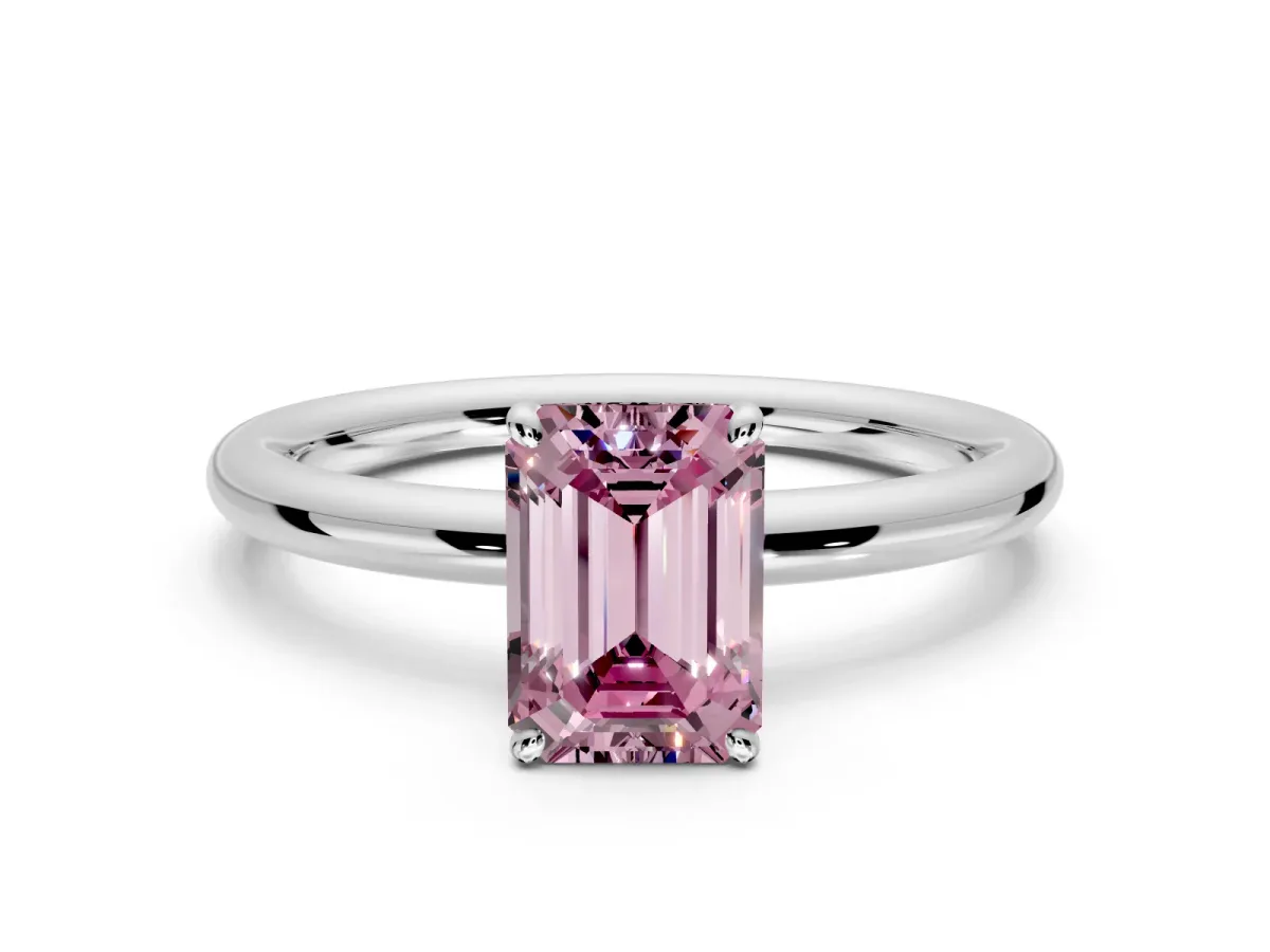 Low-Set Solitaire Engagement Ring Setting for Fancy Pink Emerald Cut Center with Thin Plain Band and Prong Head in Platinum