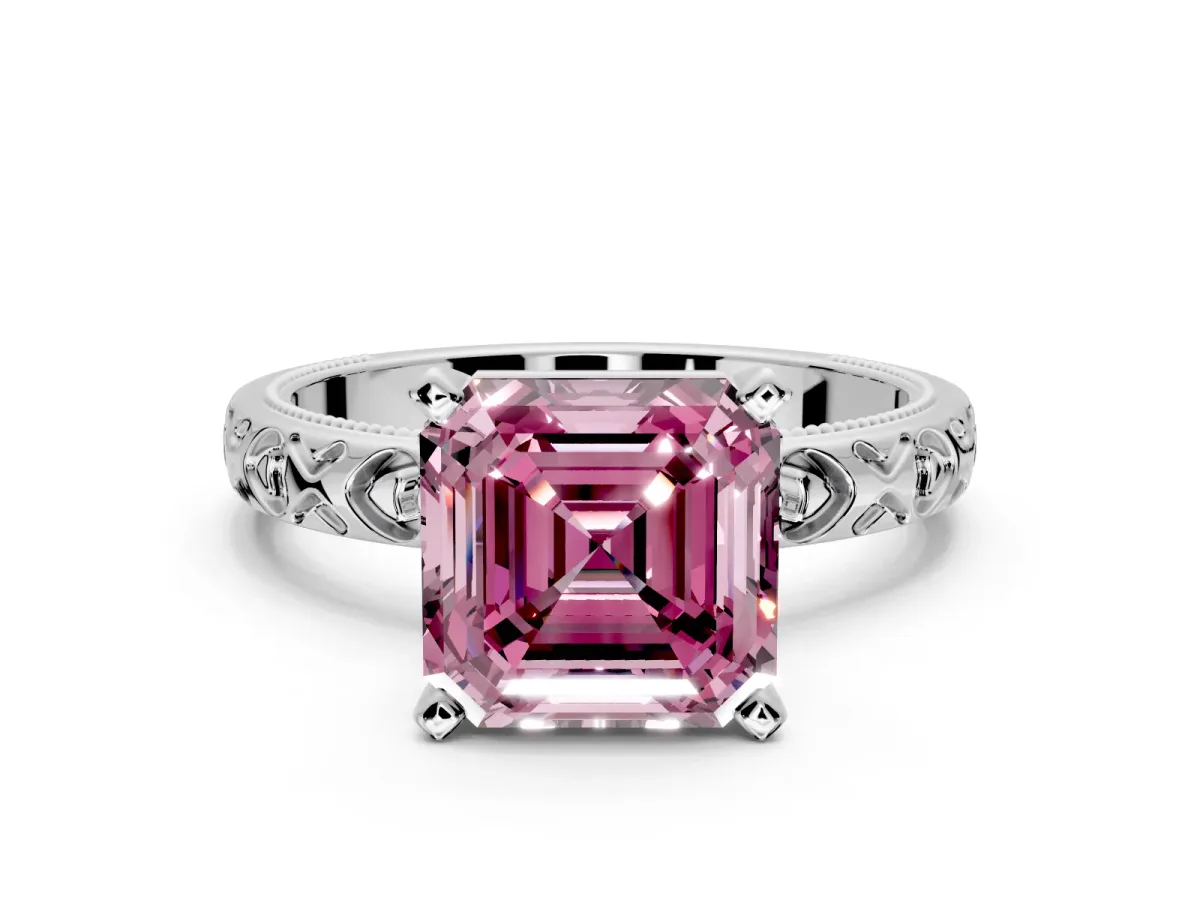 Solitaire Engagement Ring Setting for Fancy Pink Asscher Cut Center with XO Engraved Band and Prong Head in Platinum