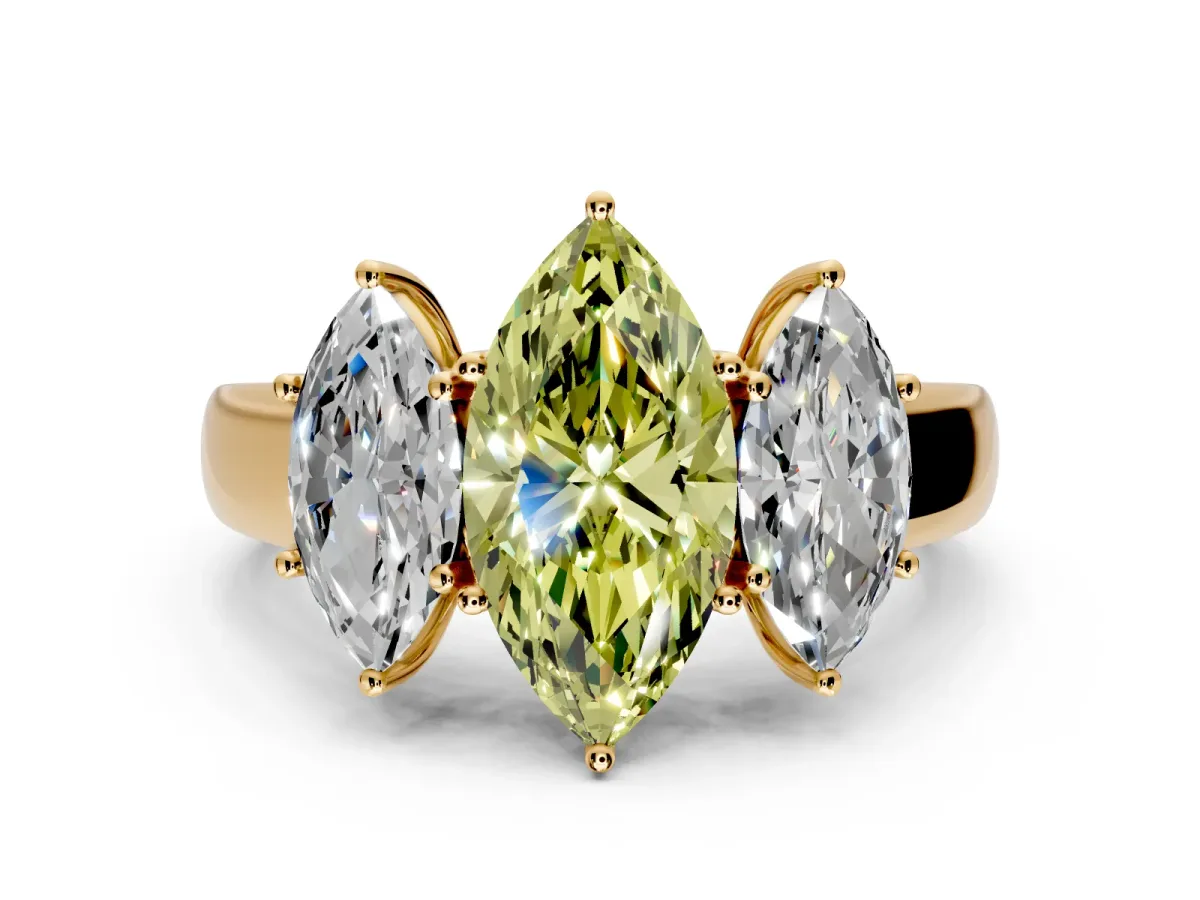 3 Stone Engagement Ring Setting for Fancy Yellow Marquise Center with Raised Basket Heads and Prong Head in Yellow Gold