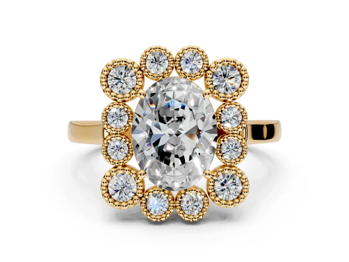 Cluster Halo Engagement Ring Setting for Oval Center with Milgrain Bezel Accents and Prong Head in Yellow Gold