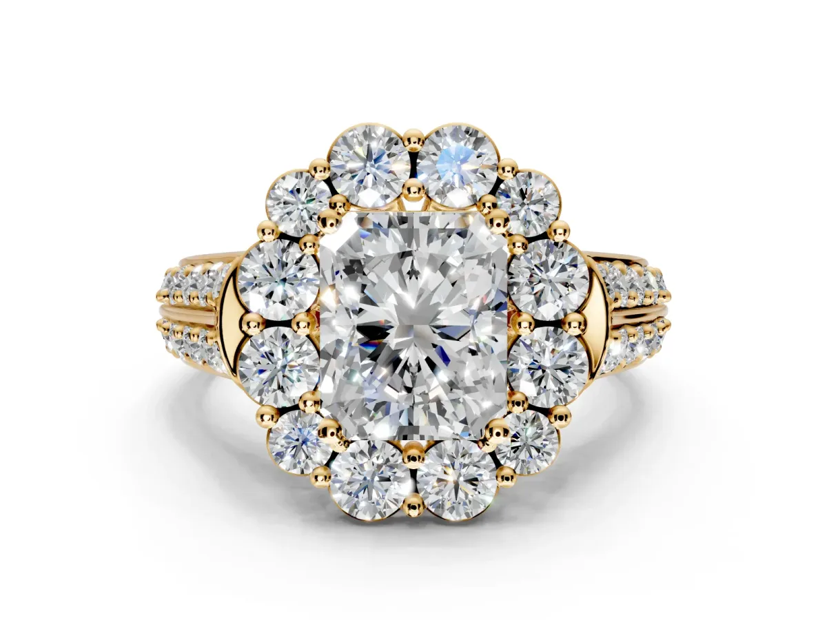 Large Accent Halo Engagement Ring Setting for Radiant Cut Center with Pave Split Shank and Prong Head in Yellow Gold