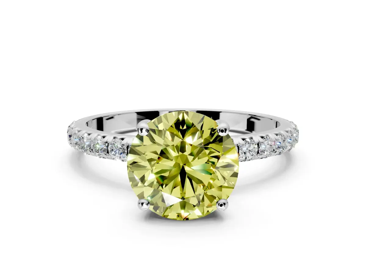 Solitaire Engagement Ring Setting for Fancy Yellow Round Cut Center with Micro Pave Band and Prong Head in Platinum