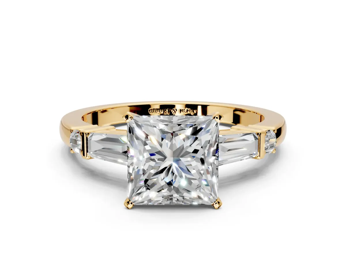 Bar-Set Engagement Ring Setting for Princess Cut Center with Tapered Baguette Accents and Prong Head in Yellow Gold