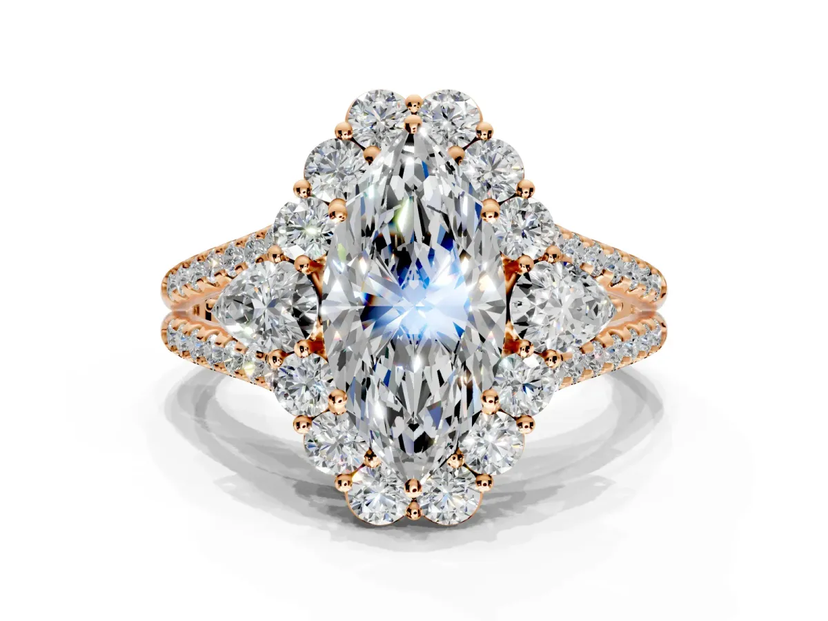 Halo Engagement Ring Setting for Marquise Center with Two-Strand Split Shank and Prong Head in Rose Gold
