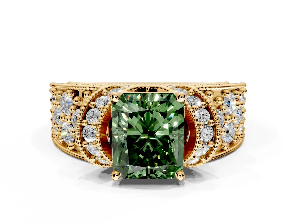 Pave Engagement Ring Setting for Fancy Green Radiant Cut Center with Curved Accent Rows, Openwork and Prong Head in Yellow Gold