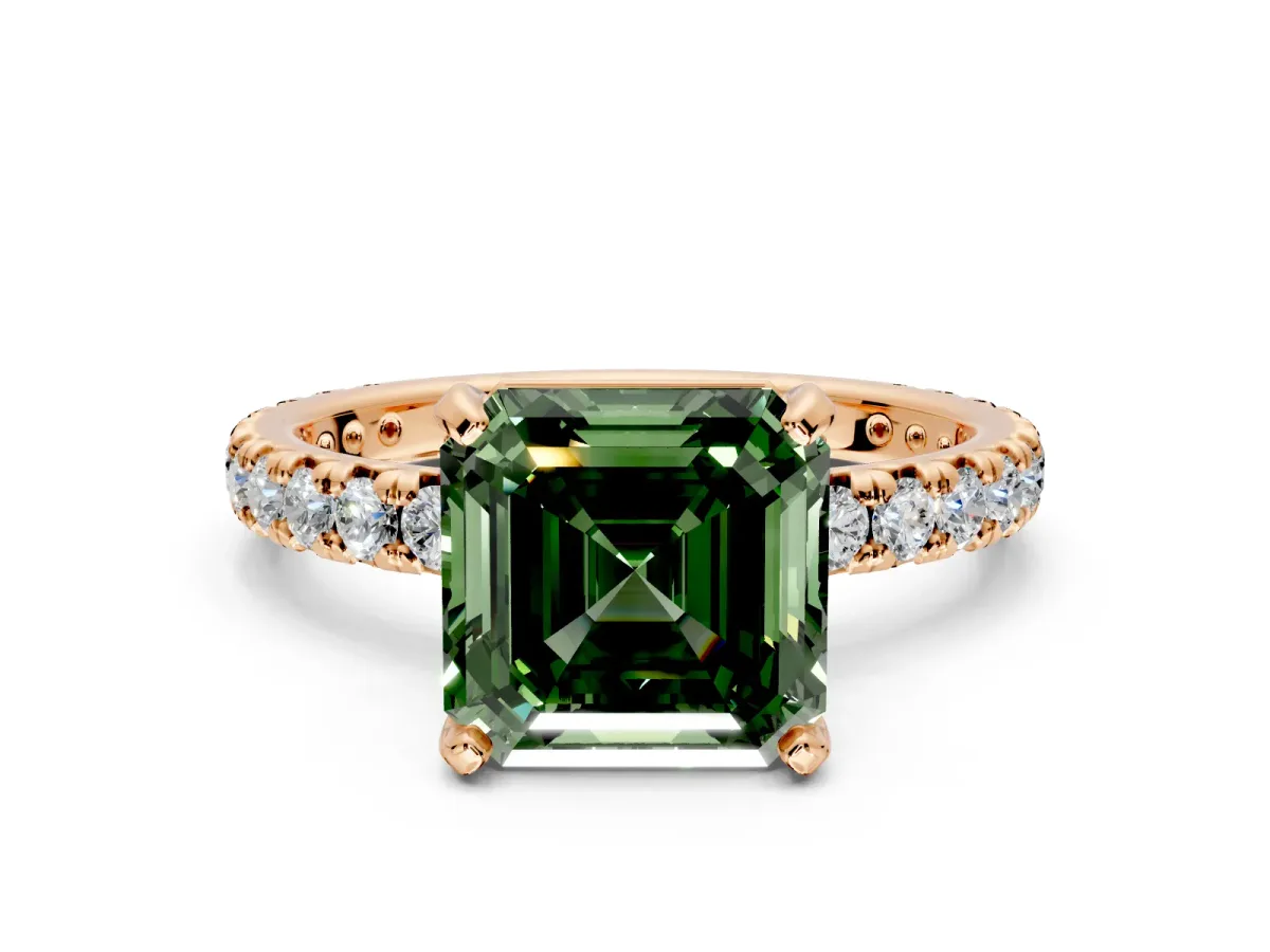 Solitaire Engagement Ring Setting for Fancy Green Asscher Cut Center with Shared-Prong Accents and Prong Head in Rose Gold