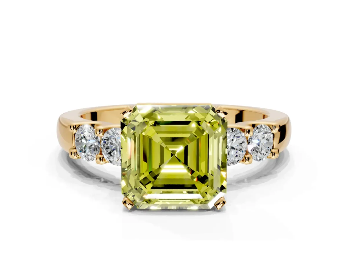 5 Stone Engagement Ring Setting for Fancy Yellow Asscher Cut Center with Plain Band and Prong Head in Yellow Gold