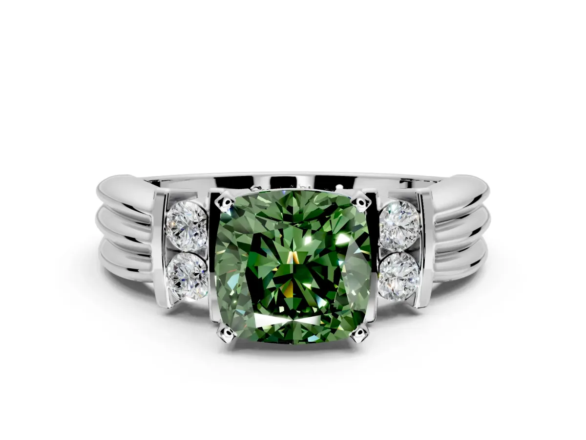 Solitaire Engagement Ring Setting for Fancy Green Cushion Cut Center with Grooved Bar Accent Band and Prong Head in Platinum