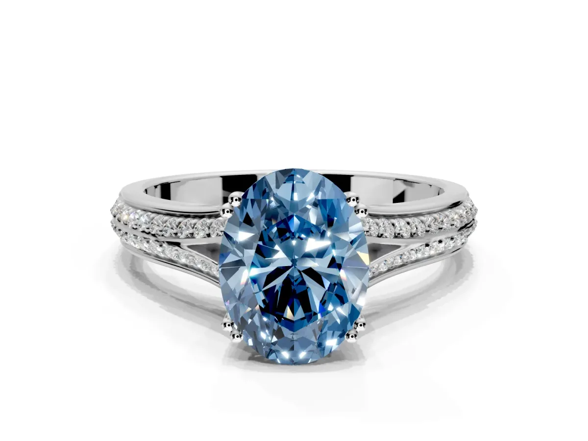 Solitaire Engagement Ring Setting for Fancy Blue Oval Center with Pave Rail Split Shank and Prong Head in Sterling Silver