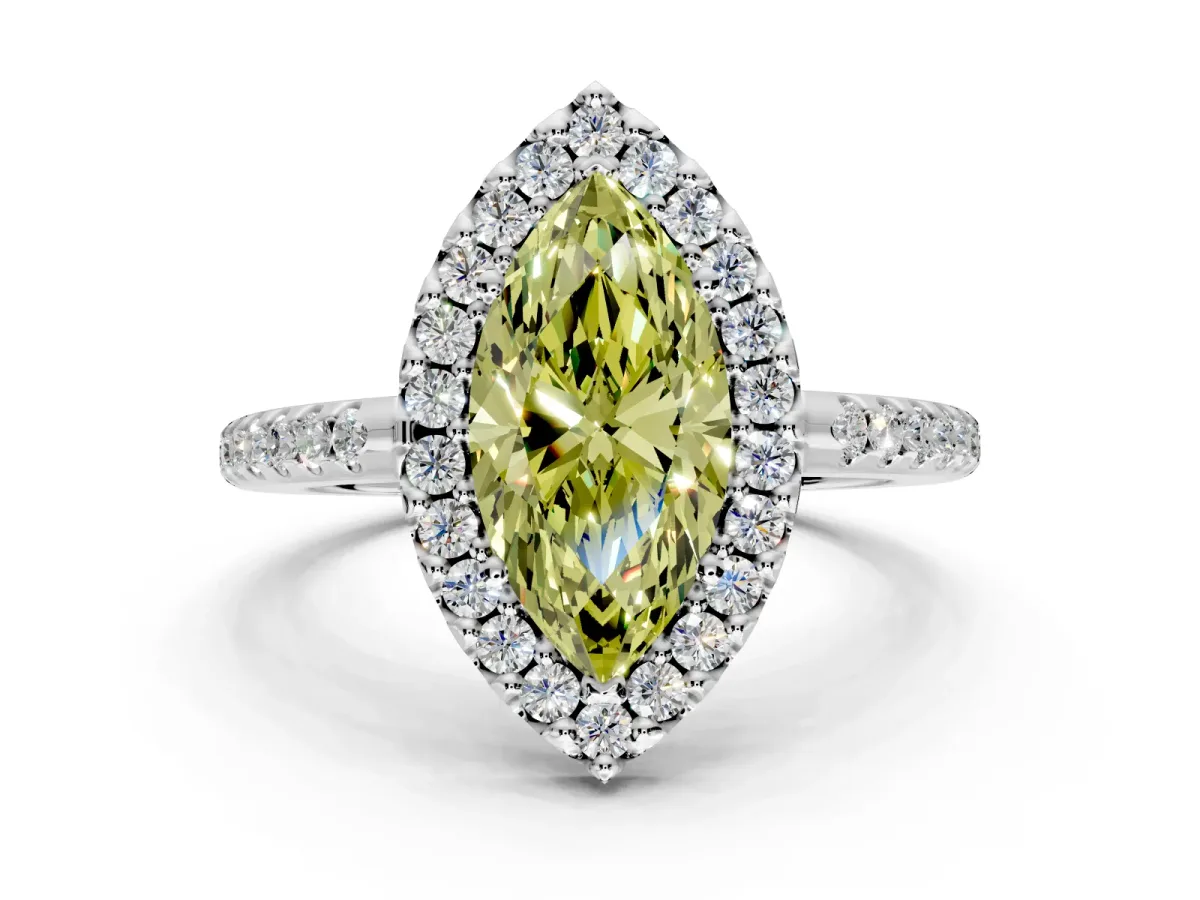 Pave Halo Engagement Ring Setting for Fancy Yellow Marquise Center with Single Row Pave Band and Prong Head in Sterling Silver