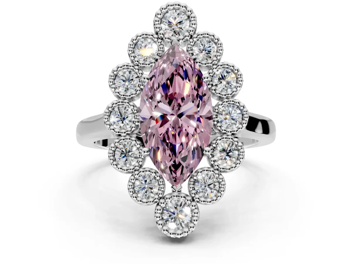 Cluster Halo Engagement Ring Setting for Fancy Pink Marquise Center with Milgrain Bezel Accents and Prong Head in Platinum